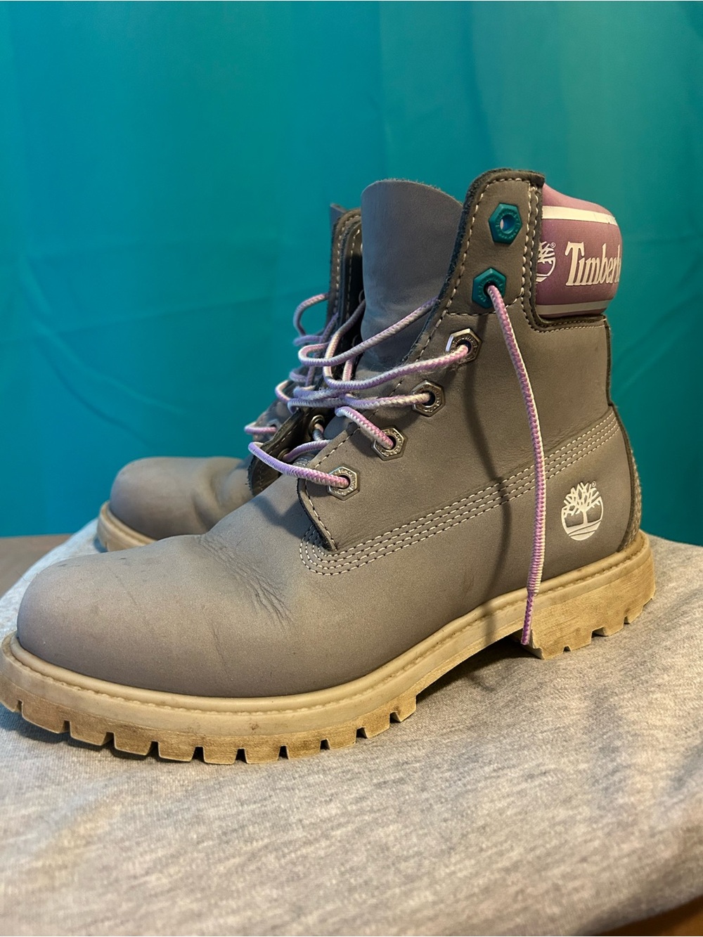 Timberland women Tan Outsole Boots with Purple Lace Accent